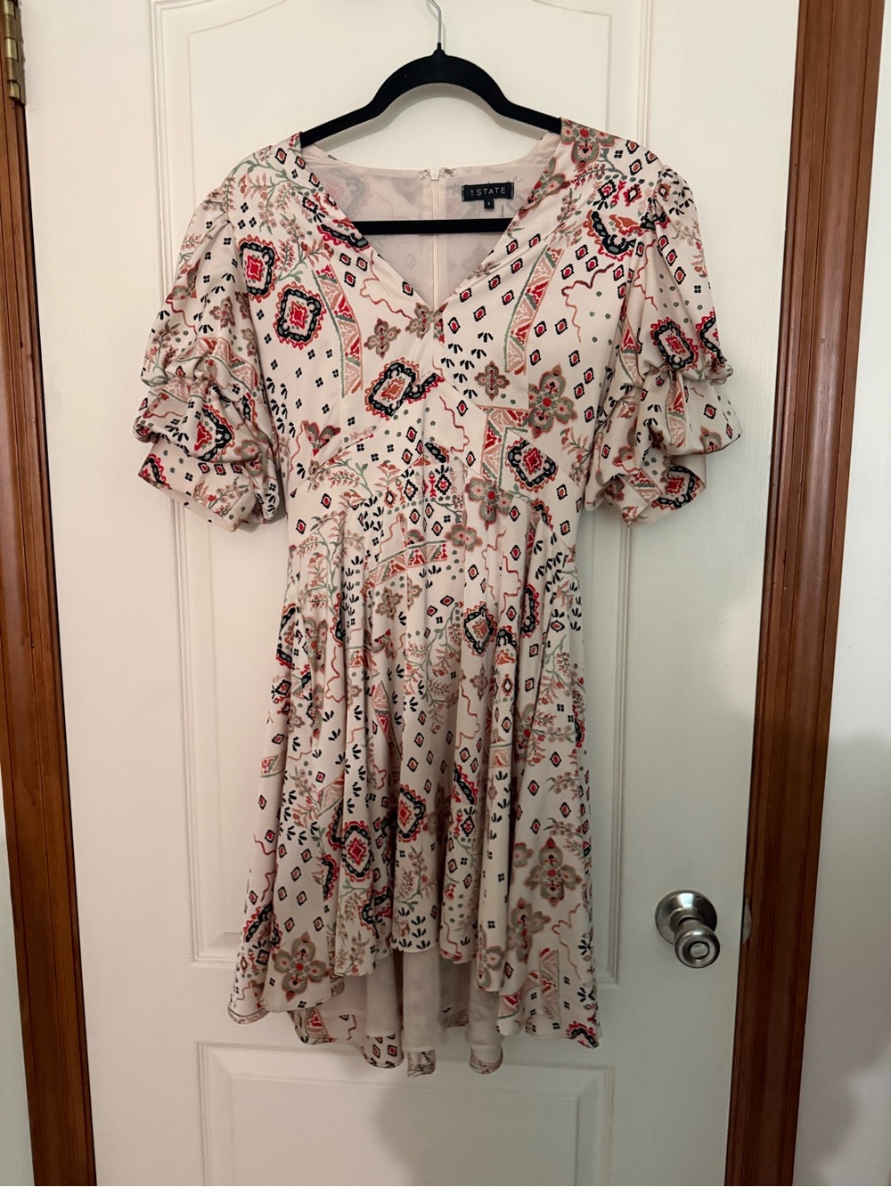 1.STATE Cream Mini Dress with Red & Black Geometric Print